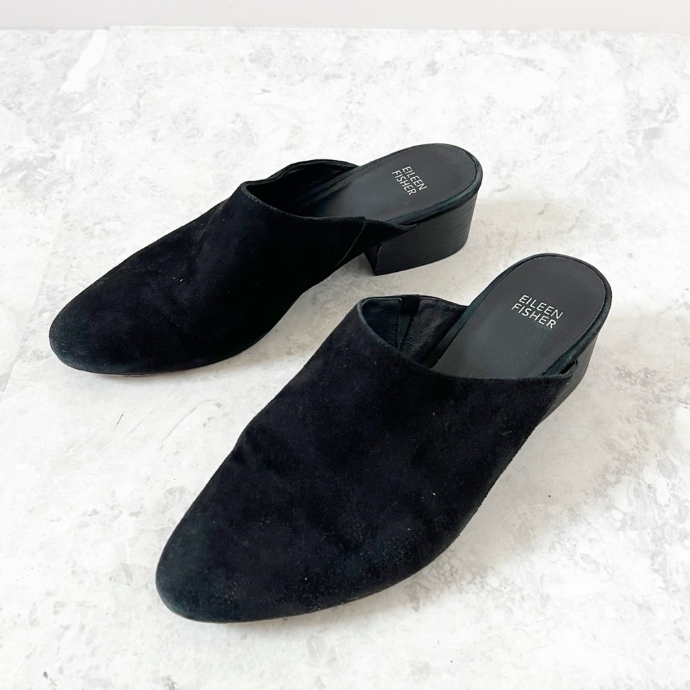 Eileen Fisher Sylvia Black Suede Block Heel Mules 9 Solid Minimalist Classic